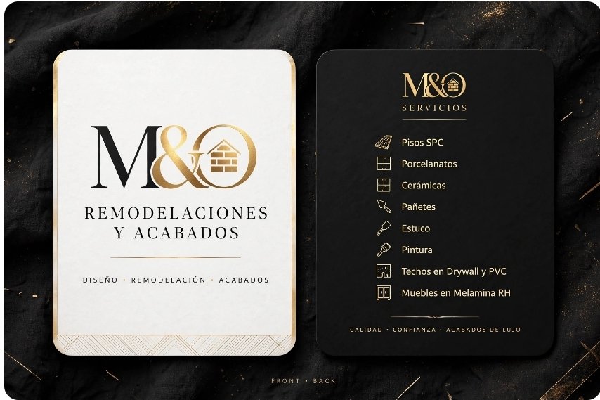 Tarjeta de M&O Remodelaciones y Acabados con sus socios fundadores Mauricio y Oscar